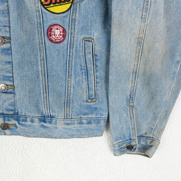 Vintage Jean Jacket Womens Medium Blue Denim Patches Racing Moto 90s - Picture 5 of 13
